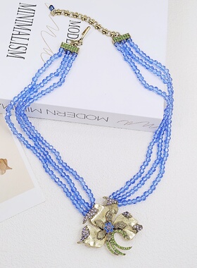 男女花朵镀真金项链镶钻多层链