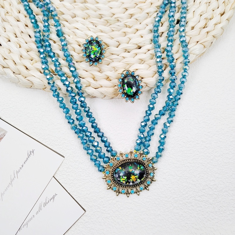 蓝色椭圆镶钻多层项链耳钉炫彩