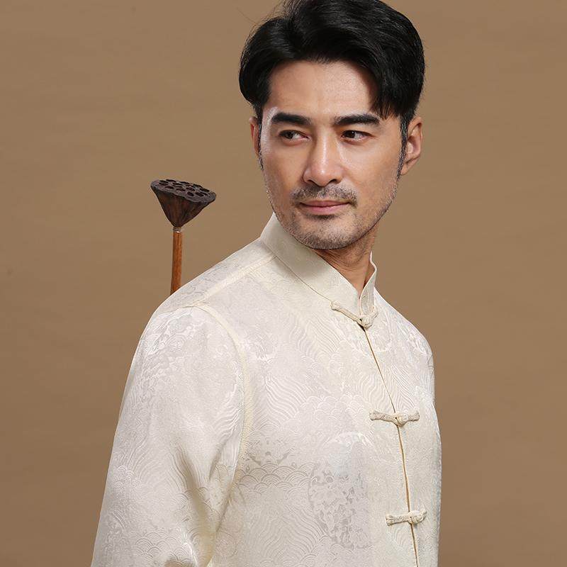 唐装男春秋长袖衬衫中式盘扣立领爸爸装中老年国风复古休闲打底衫,男装,唐装,淘宝优惠券,粉丝福利购,淘宝优惠卷