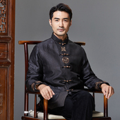 男中老年休闲加厚棉服秋冬季 高档中式 香云纱唐装 复古加厚盘扣棉袄