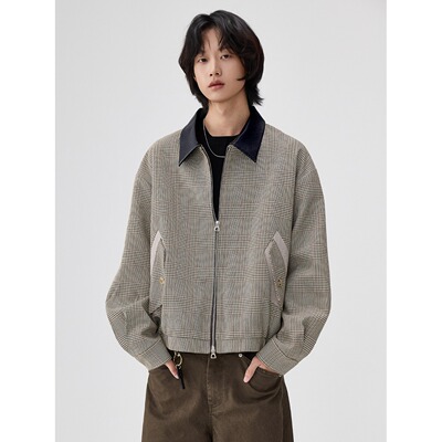 LFBF复古千鸟格纹哈灵顿夹克男女拼接皮领廓形外套老钱风