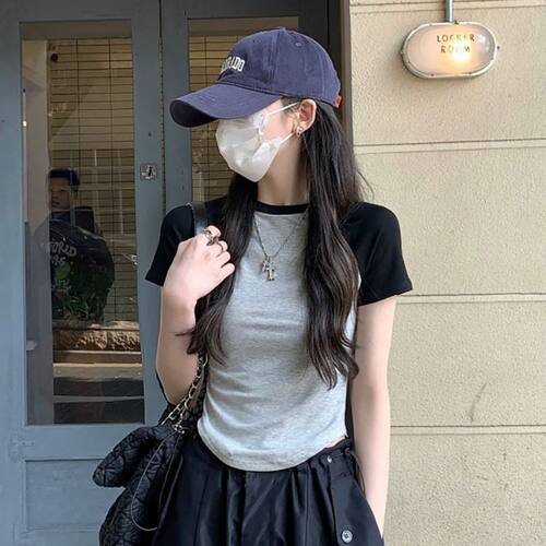 2024新款不规则插肩袖t恤女夏季短款修身显高显瘦短袖设计感上衣