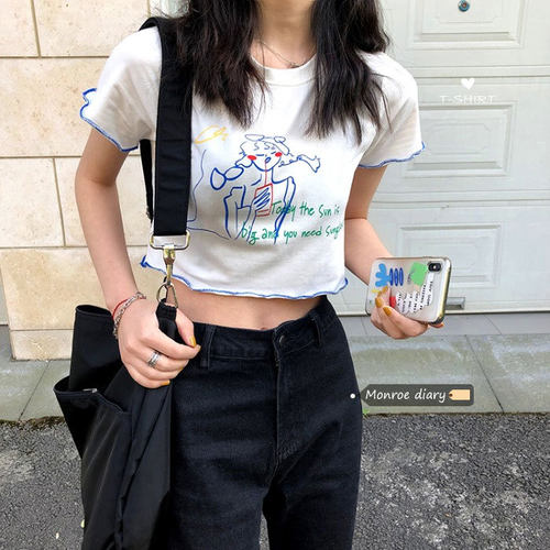 小众设计感短袖印花T恤女2023年夏季新款短款甜辣露脐上衣女ins潮