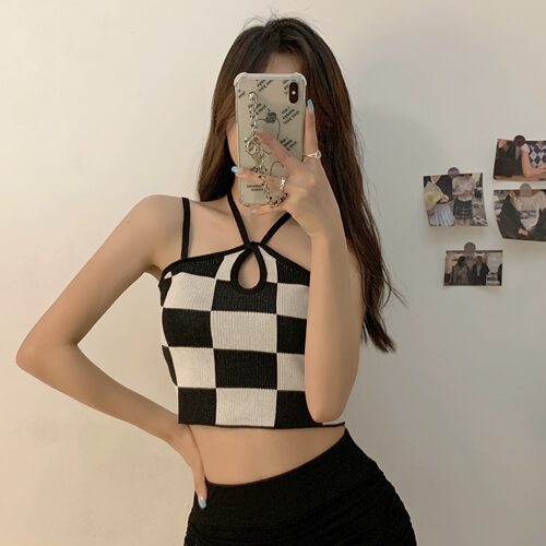 设计感夏季辣妹挂脖美背棋盘格百搭针织吊带小众裹胸抹胸女ins潮