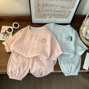 新款儿童纯棉纱布睡衣夏季薄款女童家居服套装男童宝宝长袖空调服