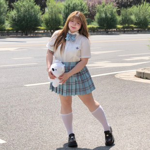 樱时纪原创大码jk樱绯语白色衬衫制服微胖MM学院风青花瓷格裙套装