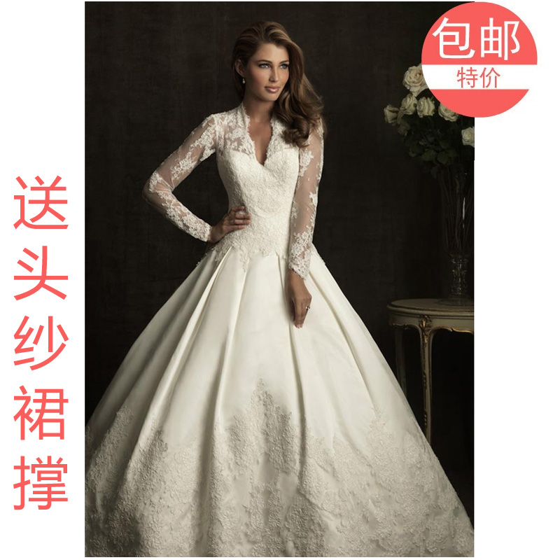 包邮王妃婚纱凯特王妃同款定制v领长袖蕾丝秋冬季拖尾婚纱礼服