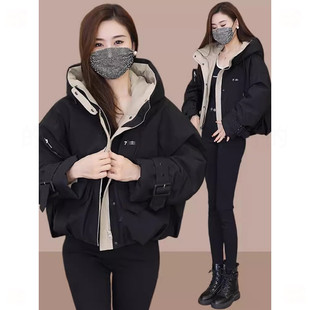 夹棉派克服女冬季 宽松休闲小个子加厚连帽棉服夹棉短外套棉袄 新款