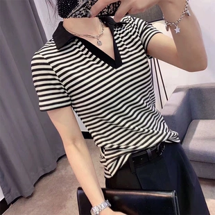 新款 气质V领上衣女夏装 欧洲站夏季 条纹短袖 t恤女白色POLO领打底衫