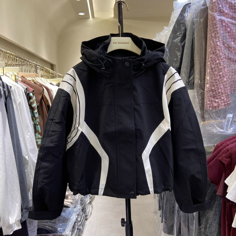 女士秋冬款连帽夹棉冲锋衣宽松韩版拼接撞色防风棒球服式时尚夹克