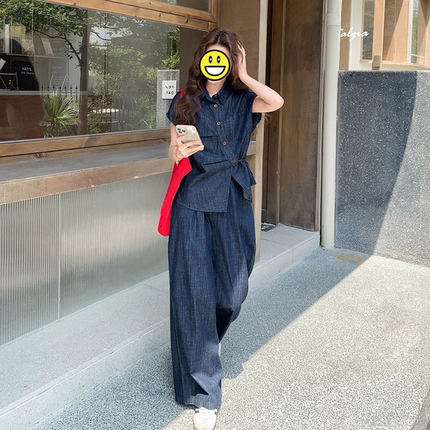 酷飒风复古深蓝薄款大码套装女2026夏设计感短袖衬衫阔腿裤两件套