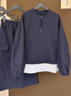 夏季新款大码女装学院风长袖棒球服胖MM显瘦半身裙两件套休闲套装