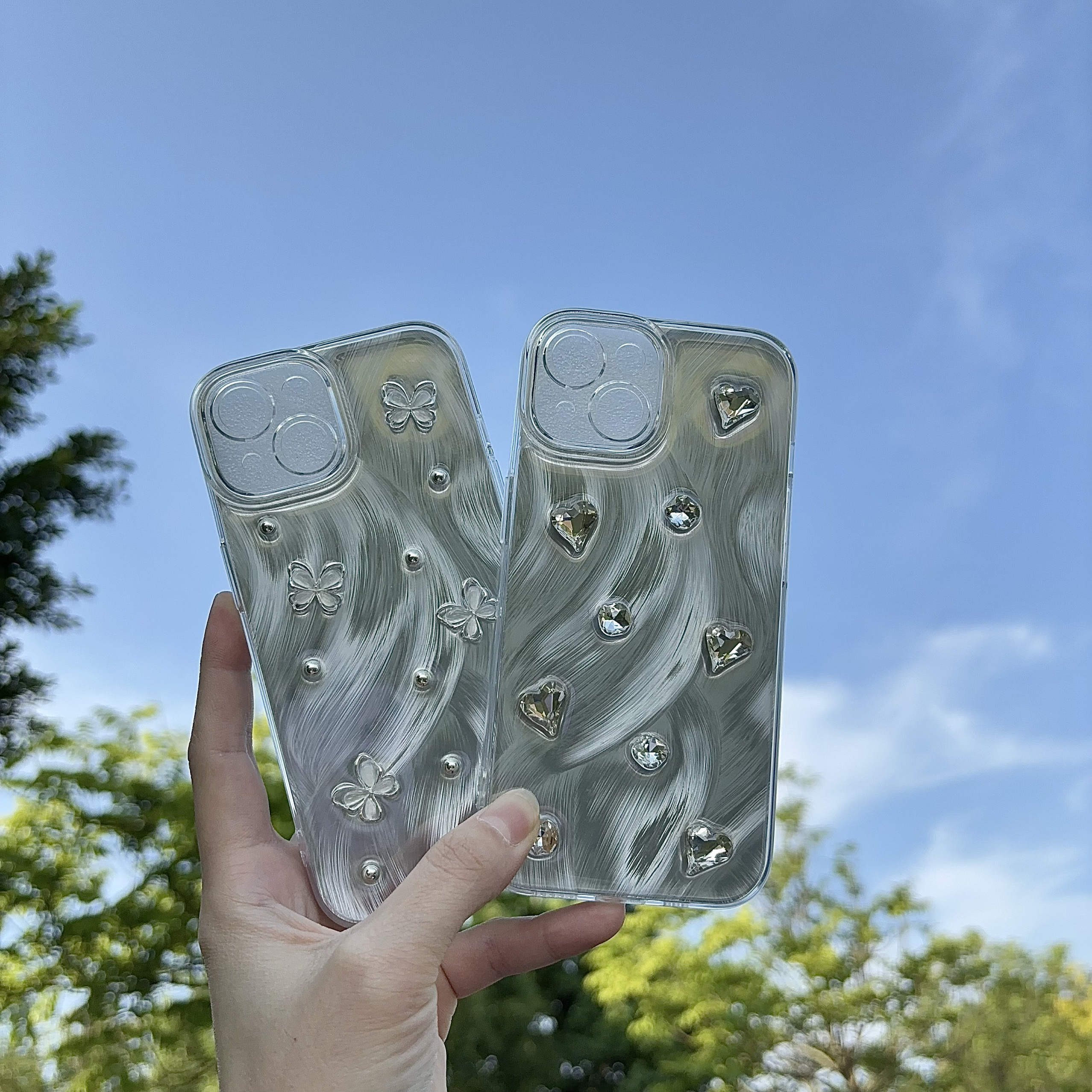 高级羽纱蝴蝶水钻ins手机壳适用苹果16 15 14promax银灰色滴胶iPhone 13 12立体xr爱心7 8plus小众se2保护套