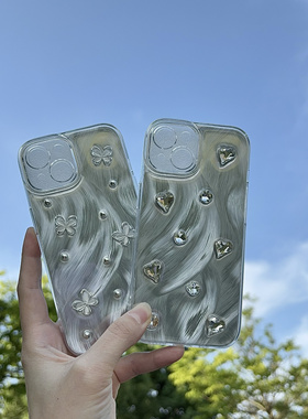 高级羽纱蝴蝶水钻ins手机壳适用苹果16 15 14promax银灰色滴胶iPhone 13 12立体xr爱心7 8plus小众se2保护套