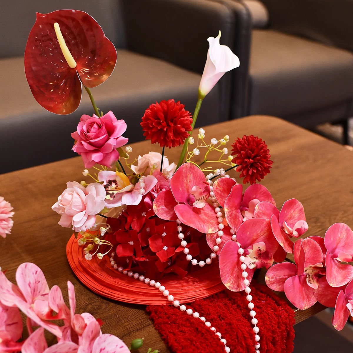 仿真花玫红色订婚落地摆件