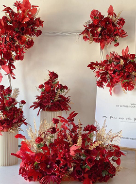 订婚宴布置装饰仿真花艺结婚周岁礼出阁宴婚礼庆玫红花排迎宾高级