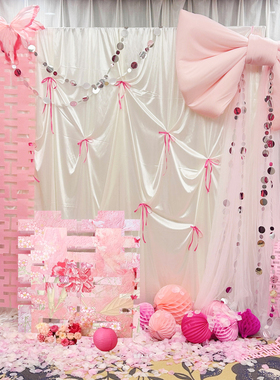 粉色婚房布置女方结婚装饰韩系布幔背景立体囍字摆件晨袍拍照道具