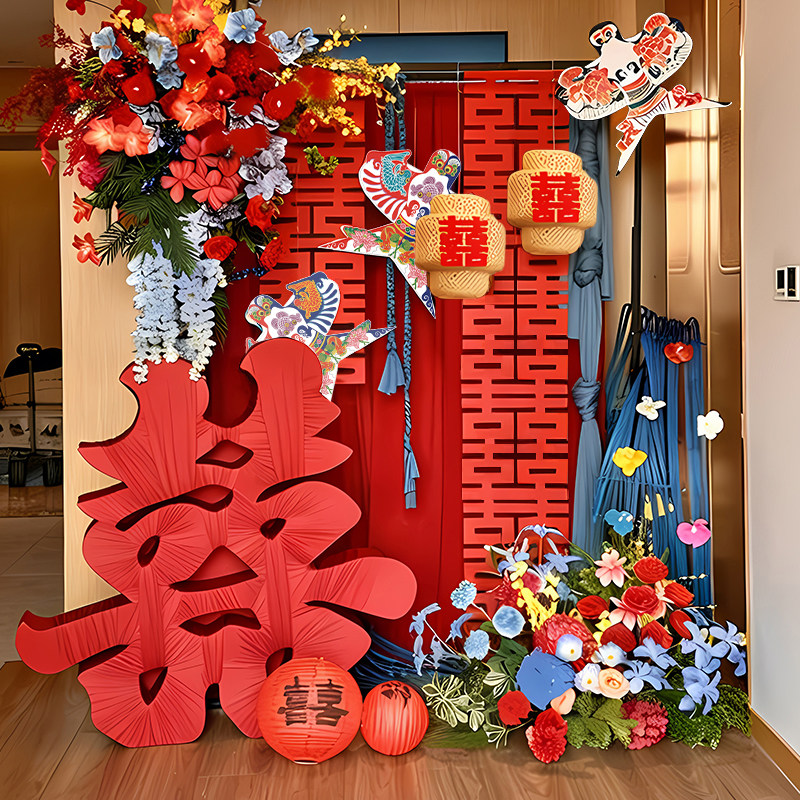 婚房氛围感中式布幔布置装饰拉花图片