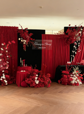 韩系红色布幔订婚宴布置装饰高级小众迎宾区简约氛围感场景背景墙