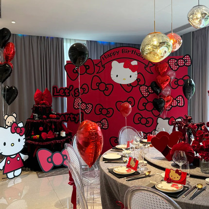 hellokitty凯蒂猫主题宝宝宴气球女孩生日周岁kt板场景装饰布置
