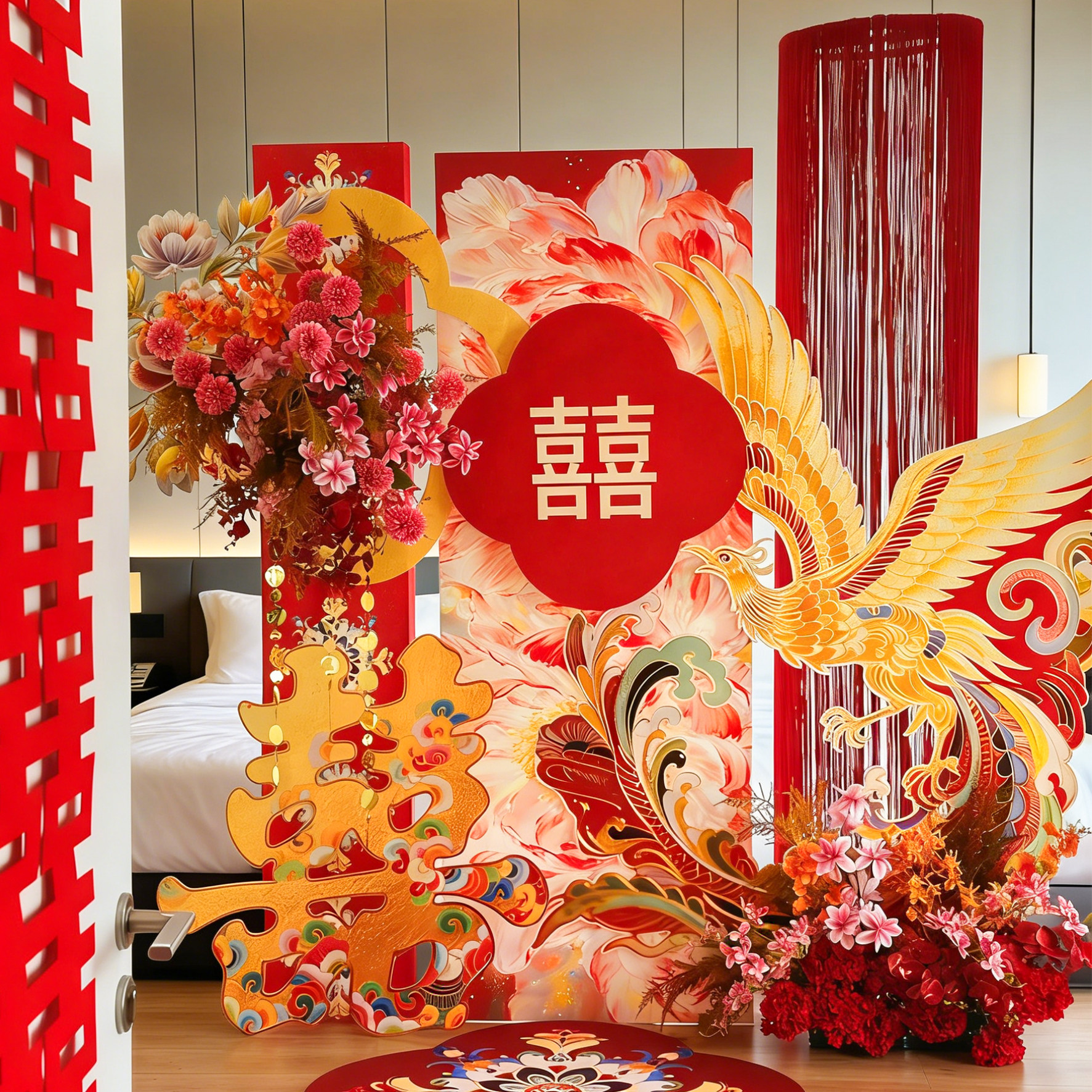 新中式喜字凤凰婚房布置用品结婚客厅卧室背景墙婚房装饰布置套装,节庆用品/礼品,婚房装扮用品,淘宝优惠券,粉丝福利购,淘宝优惠卷