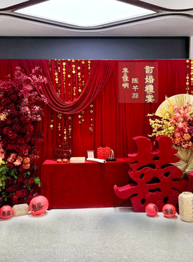 韩系订婚布置装饰红色布幔高级小众迎宾区简约氛围感场景酒店背景