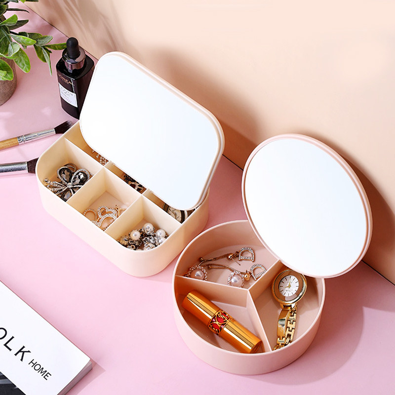 收纳化妆镜随身携带多功能首饰收纳盒宿舍美妆圆镜diy小镜子