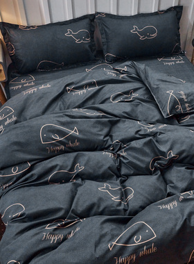 网红潮牌灰色鲸鱼床上四件套1.8学生宿舍单人被套1.5m床单三件套2