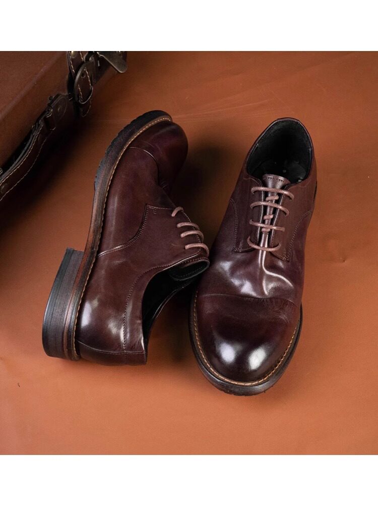 BRITISH LEATHER RETRO SOFT LEATHER HORSESKIN CASUAL SHOES THREE-JOINT ROUND TOE BUSINESS FORMAL LEATHER SHOES MENS WEDDING SHOES DERBY SHOES