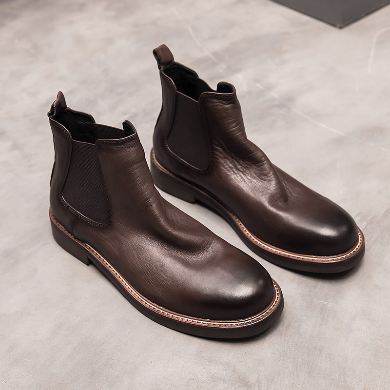 CHELSEA BOOTS MENS HIGH-TOP GENUINE LEATHER WINTER NEW BRITISH STYLE LEATHER BOOTS MID-TOP FASHION TREND SOFT LEATHER MARTIN BOOTS MEN