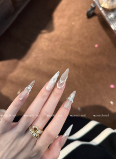 高级感裸色锆石穿戴甲 美甲小众设计感新娘甲片 轻奢格纹长款