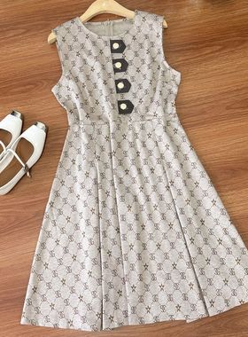 复古简约连衣裙506065气质收腰圆领背心裙卡其连衣裙