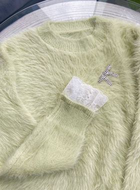 811203-6水貂加厚圆领针织衫毛衣2024新款宽松秋冬慵懒上衣