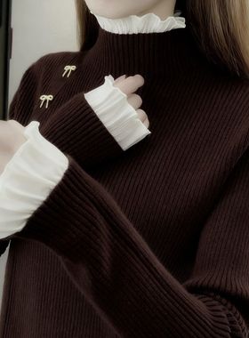 蕾丝拼接打底601076-3新款秋冬蝴蝶结针织衫显瘦高领毛衣修身上衣