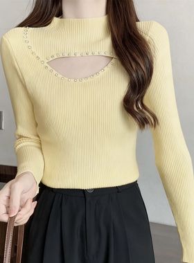 法式轻奢钉钻512157-2镂空高领针织衫女秋冬修身长袖毛衣打底衫