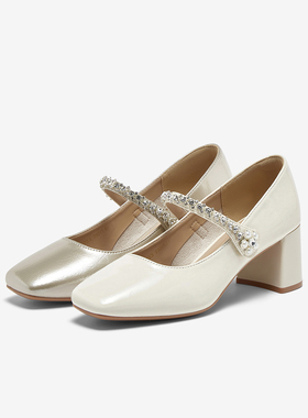 百思图2025秋商场新款珍珠钻带玛丽珍鞋高跟鞋浅口女单鞋W0753CQ5