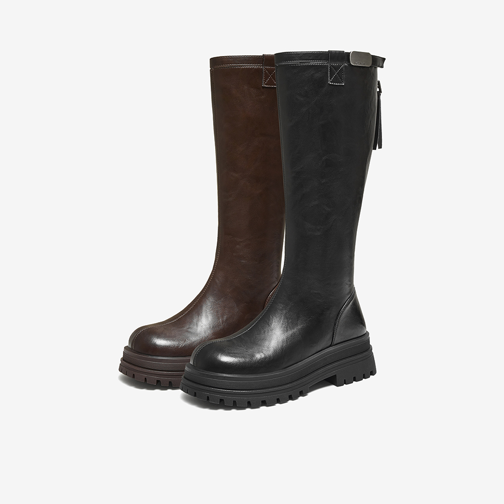 百思图黑曜骑士25冬商场新款加绒骑士靴女高筒长靴BV012DG5