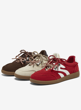 百思图2025秋季新款真皮红色德训鞋赛车鞋运动女休闲鞋UEZ14CM5