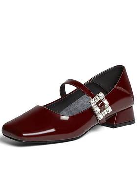 百思图2025秋新款法式红色玛丽珍鞋小皮鞋方头浅口女单鞋B2021CQ5