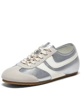 百思图2025秋季新款真皮银色薄底德训鞋百搭女运动休闲鞋M8013CM5