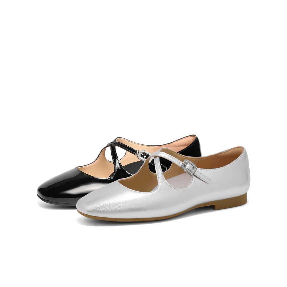 百丽Belle女鞋子交叉银色玛丽珍鞋女25春季真皮浅口单鞋3TA07AQ5