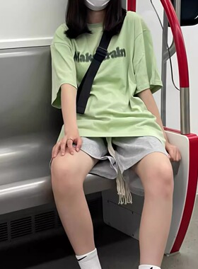 夏季宽松女学生套装潮牌上衣T恤+灰色休闲运动阔腿短裤两件套潮