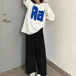 2025夏季女学生原宿风宽松百搭套装短袖T恤+高腰休闲阔腿裤两件套