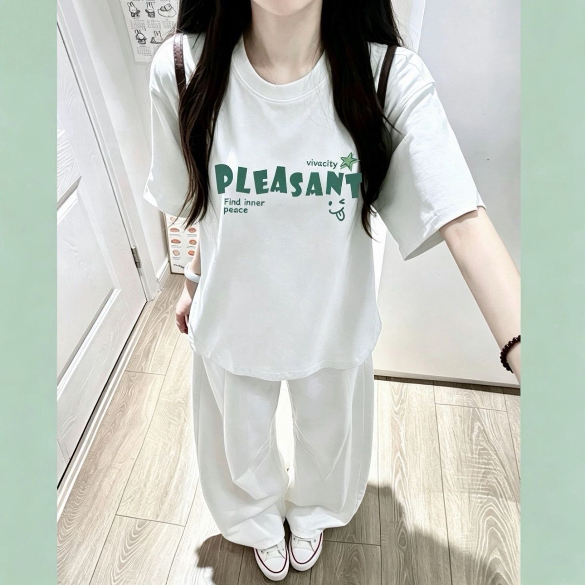 单/套装夏季女学生慵懒风宽松短袖t恤休闲阔腿裤子甜美穿搭两件套
