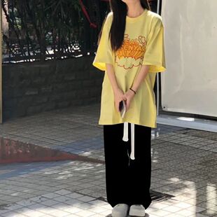 2025夏季女学生韩版宽松半袖短袖T恤上衣+高腰直筒阔腿裤套装