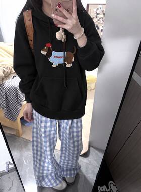 单/套装秋冬套装女学生韩版慵懒宽松连帽卫衣休闲格子裤子两件套