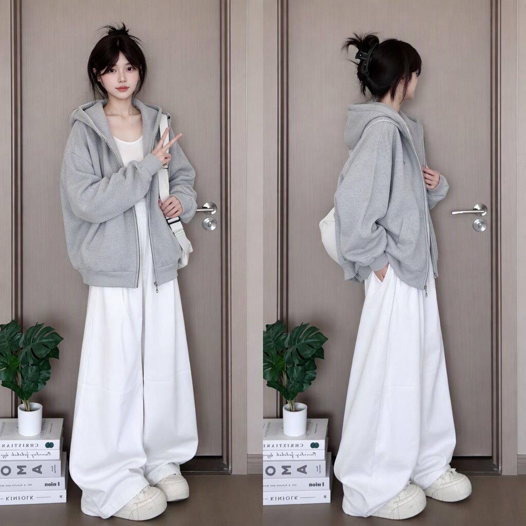 慵懒风开衫连帽卫衣男女外穿小众秋冬款oversize宽松百搭拉链外套