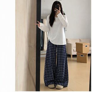 秋冬季套装女学生韩版宽松通勤风简约长袖上衣+格子阔脚裤两件套