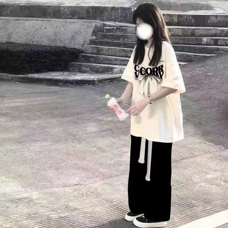 2026爆款夏季学生短袖套装女T恤韩版宽松休闲直筒裤时尚两件套ins
