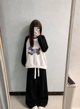 秋季套装女学生新款插肩圆领卫衣ins慵懒风宽松黑色阔腿裤两件套
